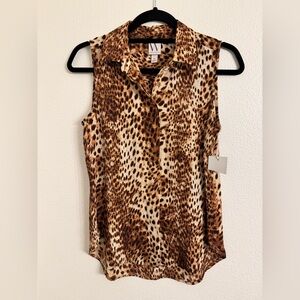 Worthington Leopard Print Sleeveless Collard Button Down Blouse
